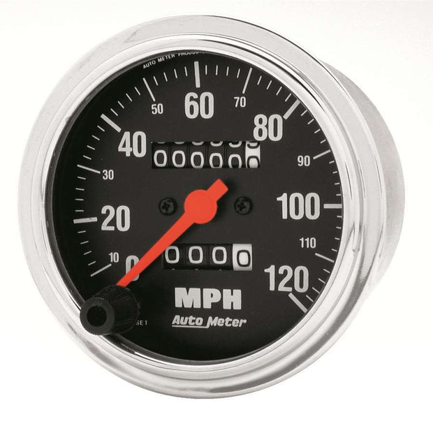 GAUGE, SPEEDOMETER, 3 3/8" , 120MPH, MECHANICAL, TRADITIONAL CHROME