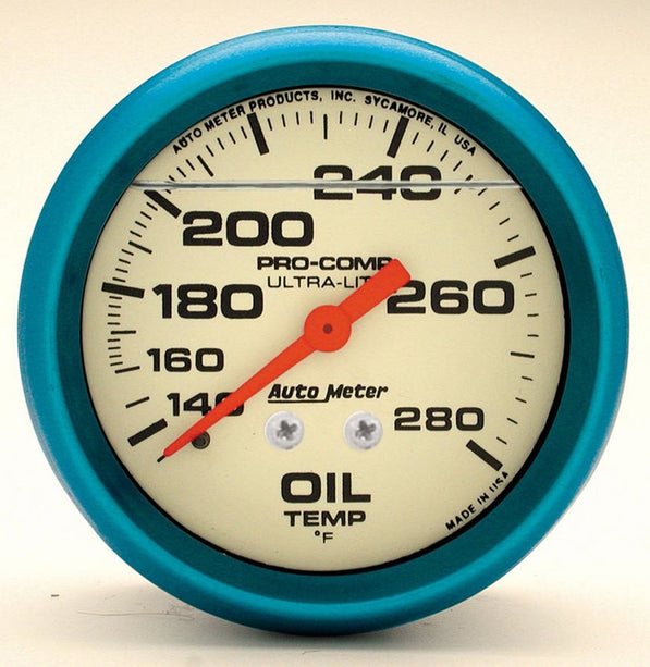 GAUGE,OIL TEMP,2 5/8",140-280 Deg. F,LIQUID FILLED MECH,GLOW IN DARK,ULTRA-NITE