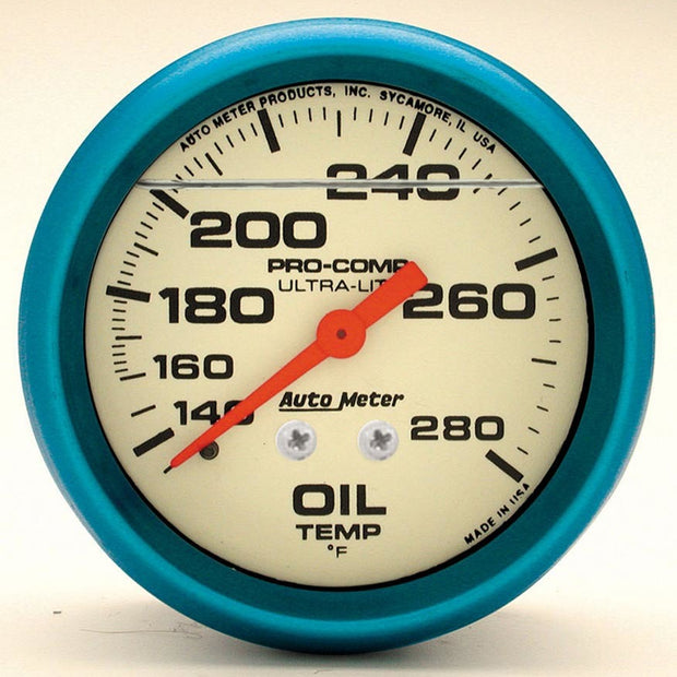 GAUGE,OIL TEMP,2 5/8",140-280 Deg. F,LIQUID FILLED MECH,GLOW IN DARK,ULTRA-NITE