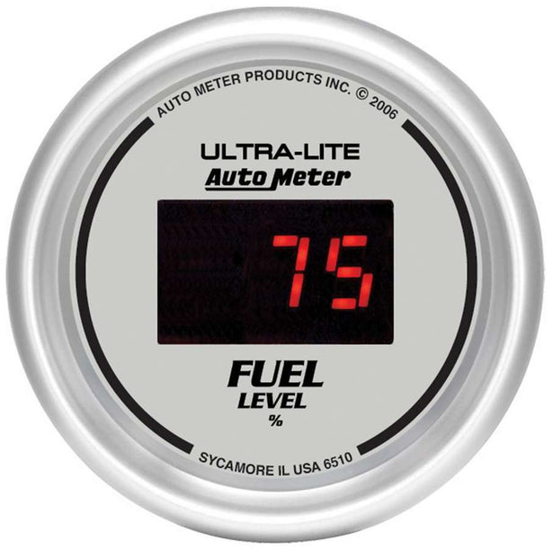 GAUGE, FUEL LEVEL, 2 1/16" , 0-280O PROGRAM., DIGITAL, SILVER DIAL W/ RED LED
